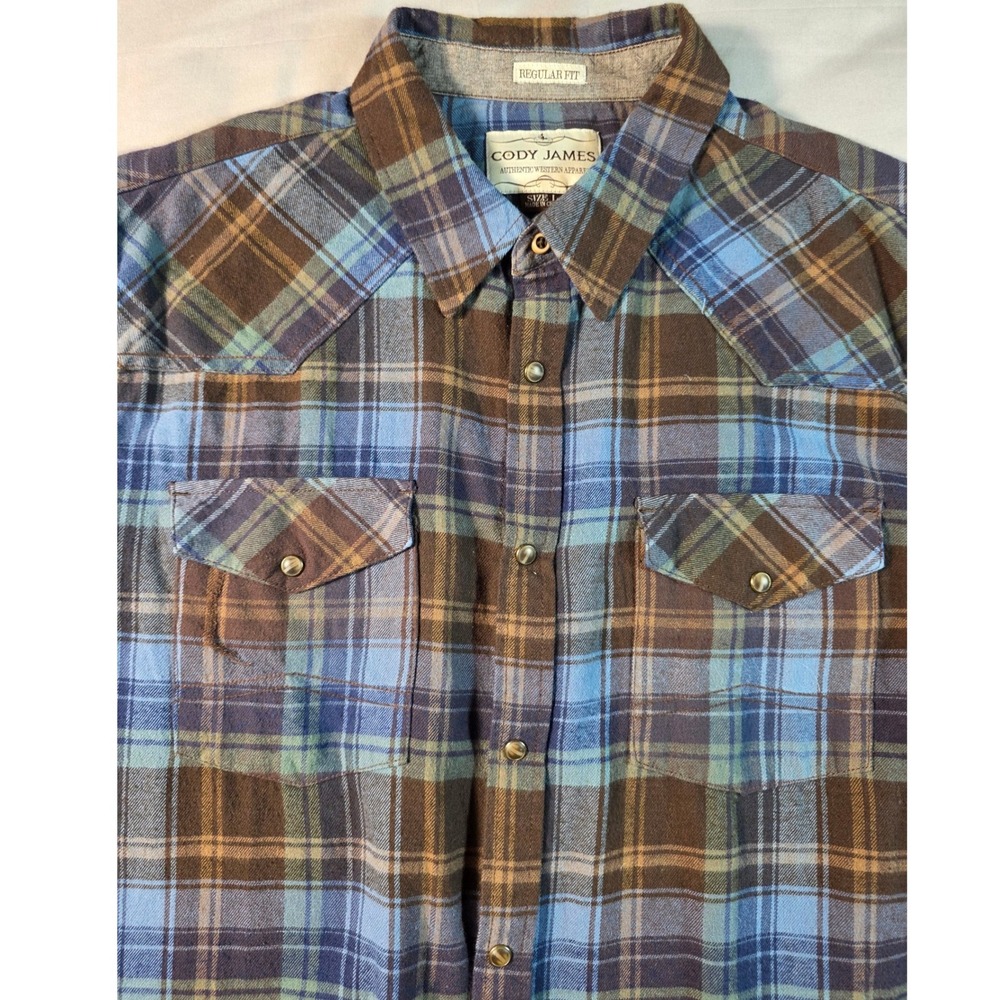 Cody James Western Flannel Shirt Mens Large Blue Brown Plaid Pearl Snap